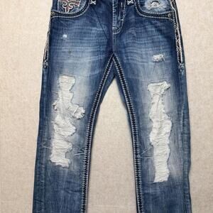 Rock Revival women’s 31 Straight Jeans Distressed Blue Denim Embroidered
